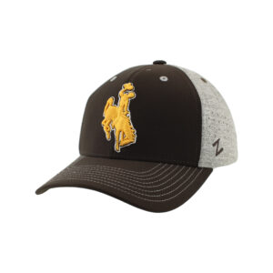 brown and heather flexfit hat with brown front panel and bill and grey back. has gold embroidered bucking horse on front panel and grey stitching on bill