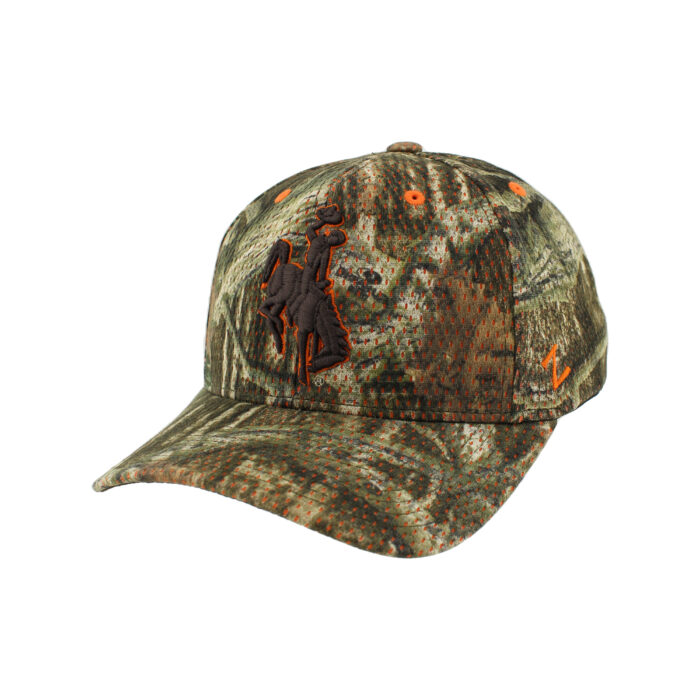 camo adjustable hat with brown bucking horse on front panel with orange outline
