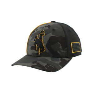 black and grey camo adjustable hat with camo front panel and bill. has black embroidered bucking horse on front panel and flag on left side