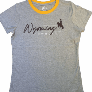 grey womens tee shirt with gold neckline. has brown script wyoming with bucking horse top left all center chest