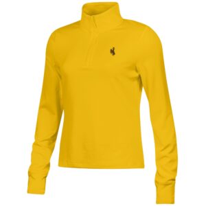 gold women's under armour quarter zip with brown bucking horse on left chest