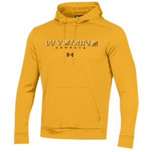 gold under armour sweatshirt with design center chest. design is outlined wyoming lettering in half brown and half white with small brown cowboys below and ua logo at bottom