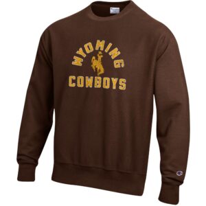 brown champion creneck with arched wyoming bucking horse cowboys in gold with white outline