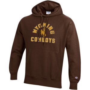 brown champion sweatshirt with arched wyoming bucking horse cowboys in gold with white outline