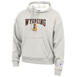 cream champion women's good with design center chest. design is brown wyoming lettering with gold pistol pete centered below