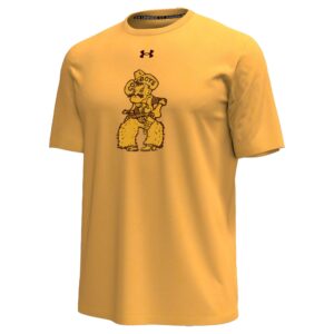 gold under armour tee shirt with design center chest. design is big pistol pete in gold with brown outline