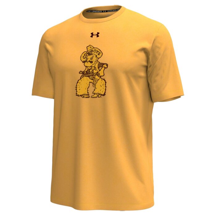 gold under armour tee shirt with design center chest. design is big pistol pete in gold with brown outline