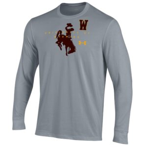 grey under armour long sleeve with big brown bucking horse center chest with gold university of wyoming lettering brought to front. has brown w left chest and gold ua logo below