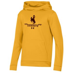 gold youth under armour hoodie with design center chest. design is brown bucking horse with line under and cowboys lettering below that. has brown under armour logo at bottom of design