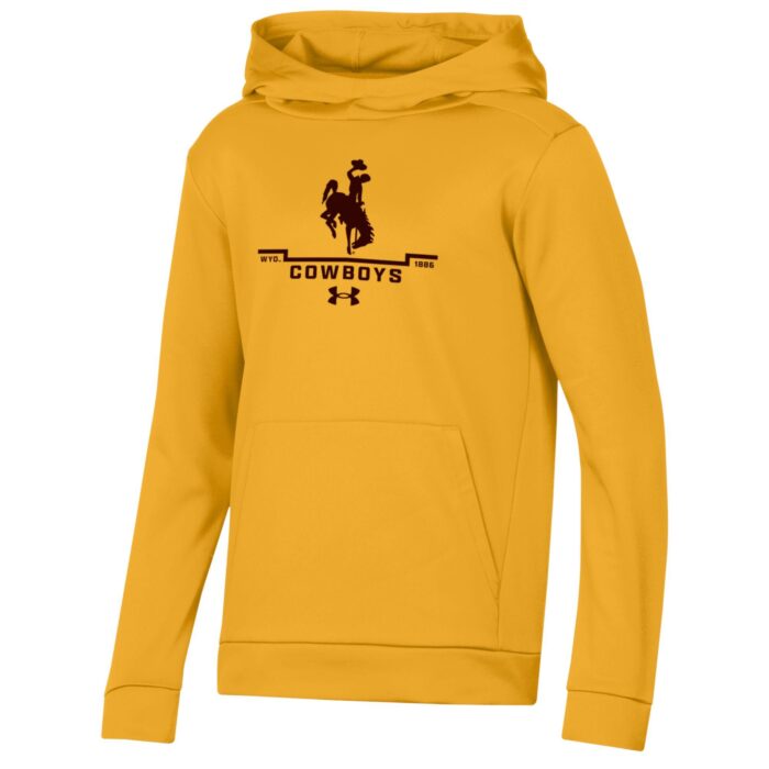gold youth under armour hoodie with design center chest. design is brown bucking horse with line under and cowboys lettering below that. has brown under armour logo at bottom of design