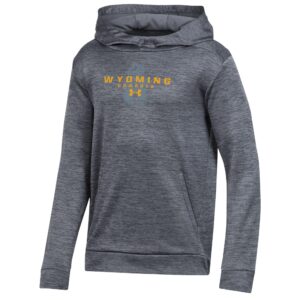 grey/black under armour hood with gold design center chest. design is wyoming cowboys lettering with grey pistol pete shadow sent to back. gold under armour logo below design,