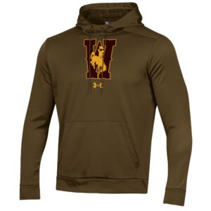 brown under armour hood with design center chest. design is brown w outlined in gold with gold bucking horse brought to front on top of w.