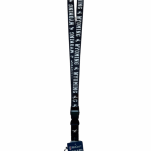 black detachable lanyard with white wyoming and bucking horse repeated on both sides