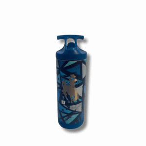 18 oz. waterbottle with blue flip lid and carrying handle. has geometric pattern in grey, light blue and blue all over and bucking horse on the front