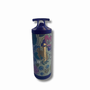 18 oz. waterbottle with flip lid and carrying handle. has purple lit and bottom with flowers and leaves in different colors all over. bucking horse on the front