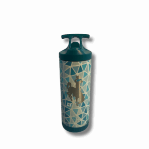 18 oz. waterbottle with flip lid and carrying handle. has geometric pattern in grey, light blue and blue all over and bucking horse on the front