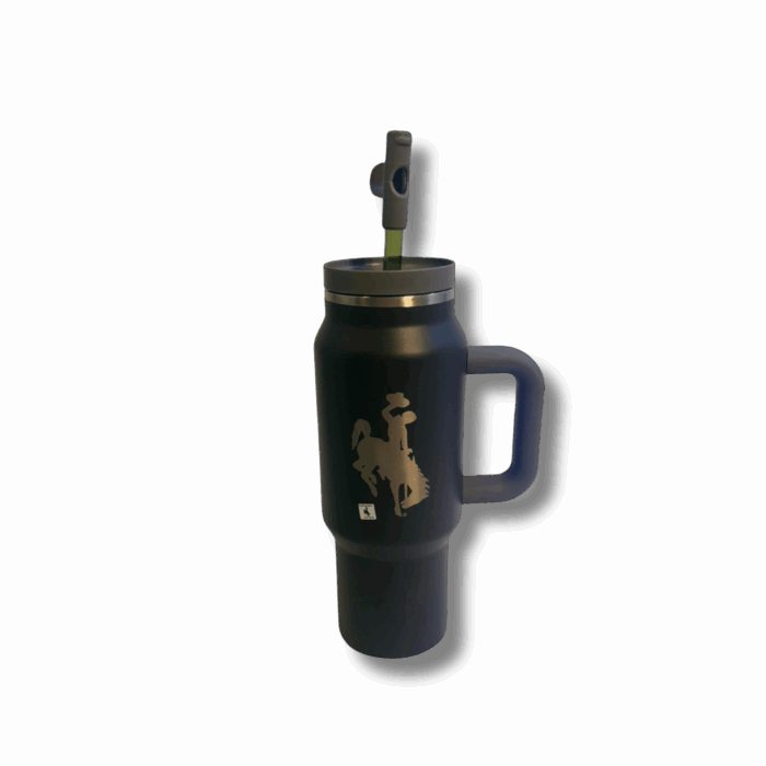 graphite 30z. travel tumbler. has straw lid with etched bucking horse on one side