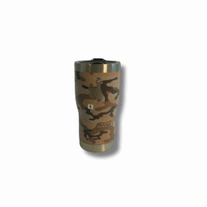 camo 20oz insulated tumbler. has flip lid on top with a etched bucking horse on the side.