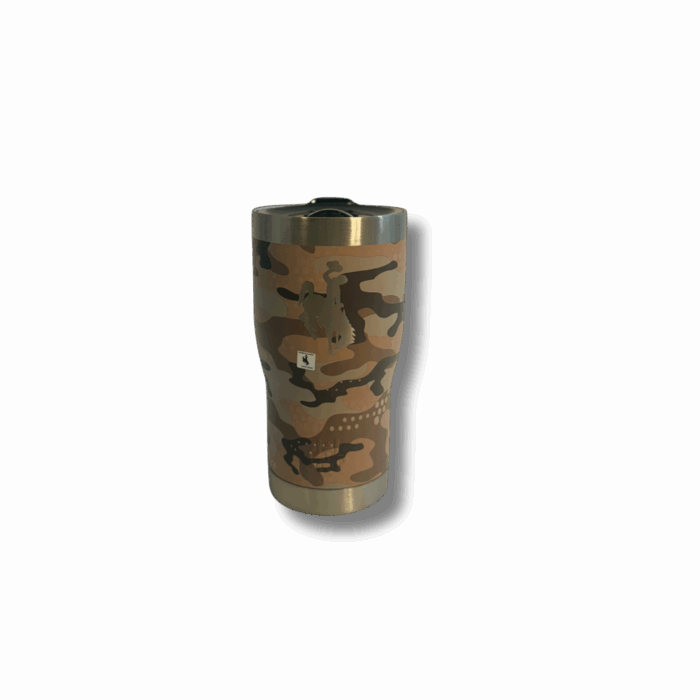 camo 20oz insulated tumbler. has flip lid on top with a etched bucking horse on the side.