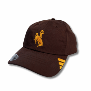 brown adidas unstructured hat. has gold embroidered bucking horse centered on front panel and gold adidas logo on left side of bill