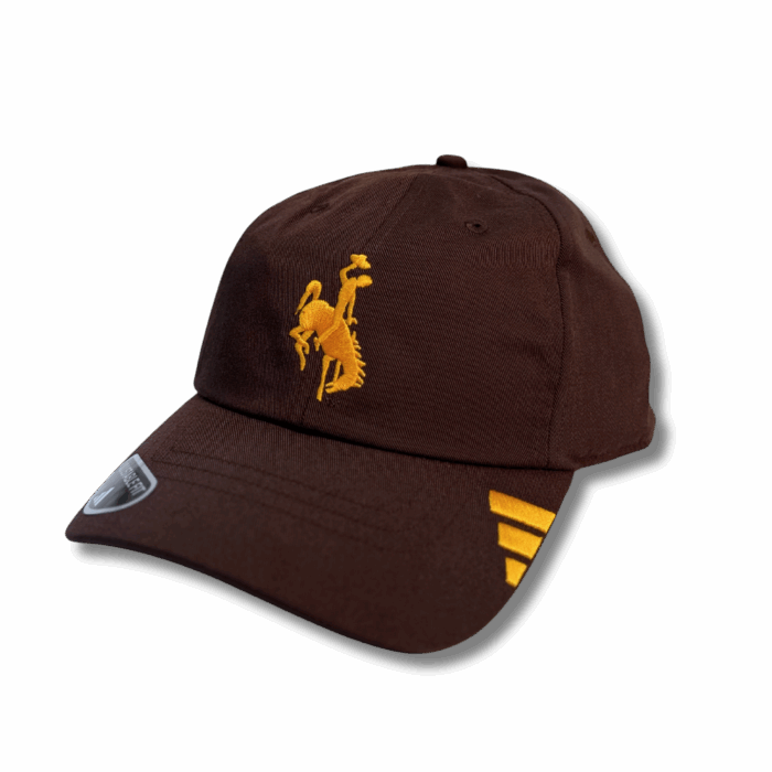 brown adidas unstructured hat. has gold embroidered bucking horse centered on front panel and gold adidas logo on left side of bill