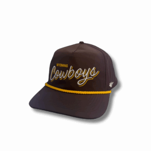 brown structured adjustable hat. has gold rope across bill. design is white cowboys script with gold wyoming above on front panel
