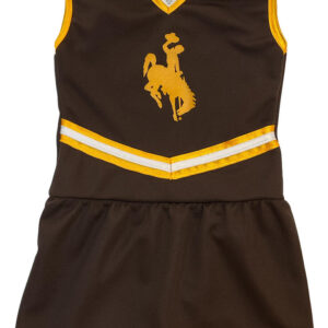 brown youth cheer dress with gold trim on neck an sleeves. has gold bucking horse center chest. gold and white stripe around waist and around bottom of skirt