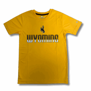 gold youth athletic tee shirt with design center chest. design is brown bucking horse above wyoming lettering. letters are brown to white gradient