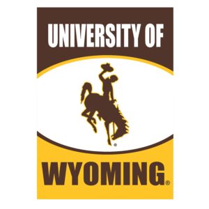 gold white and brown suede garden flag. says university of in white on brown background above brown bucking horse on white background. then has wyoming lettering in brown on gold background