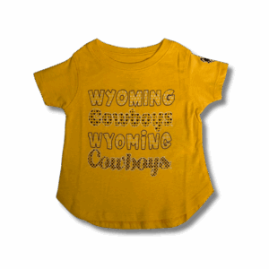 Gold toddler shirt with wyoming cowboys lettering with patterns inside repeated twice down the front chest. has gold bucking horse on right sleeve.