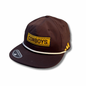 brown adidas hat with gold adidas logo on left side. has a rectangular gold patch on front panel with university of wyoming cowboys lettering inside. has white rope on bill