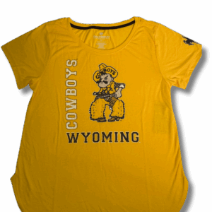gold women's tee with design center chest. design is pistol pete with cowboys lettering on right and wyoming lettering below. has brown bucking horse on left sleeve