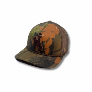 camo adjustable hat with brown embroidered hat on front panel. has brown rope across bill. tan mesh back