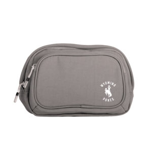 grey belt bag with one big zipper pocket and a smaller one on front. has white design in bottom left corner. design is arched wyoming above a bucking horse with pokes below