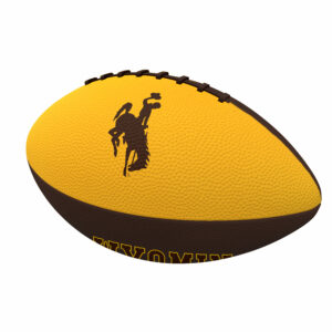 brown and gold alternating panels mini football. has brown laces on top and brown bucking horse on gold panel. has wyoming lettering on brown panel
