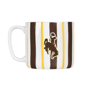 white mug with brown and gold stripes going horizontally. has brown bucking horse with gold and white outline on side and white handle