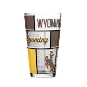 etched pint glass with a variety of logos in brown and gold all around the glass. has brown and gold blocks mixed in with logos