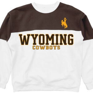crewneck sweatshirt. top is brown and rest is white. design center chest. design is block wyoming in brown and gold small cowboys below. has gold bucking horse on top left chest