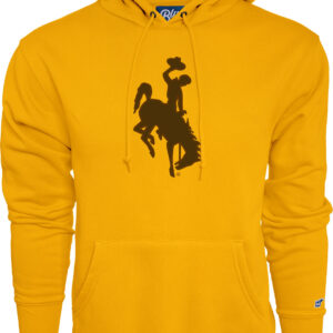 gold hooded sweatshirt with big brown bucking horse center chest.