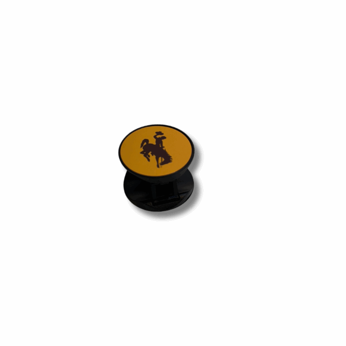 gold phone grip with brown bucking horse on front. has a black stand that sticks on back of phone