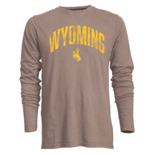 walnut long sleeve tee with gold distressed arched wyoming letters with bucking horse below