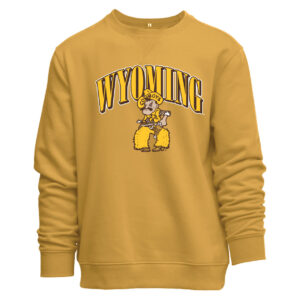 gold crewneck with design center chest. design is wyoming lettering with brown outline. has pistol pete in gold white and brown bwlow