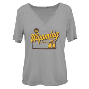grey women's v-neck tee shirt with square design center chest. square has wyoming script through the middle with cowboys below and pistol pete left of that.