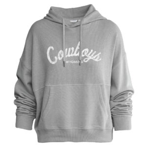 grey womens hood with white cowboys script center chest with small wyoming lettering below. big pocket on front and strings on hood