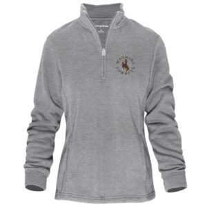 grey women's 1/4 zip jacket. has zipper. design is on left chest and is a brown bucking horse with wyoming cowboys in the outline around