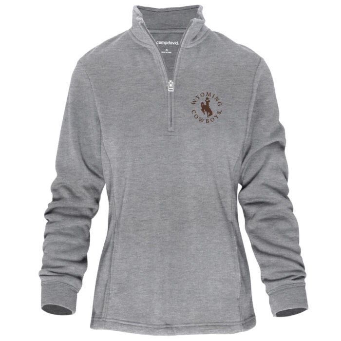 grey women's 1/4 zip jacket. has zipper. design is on left chest and is a brown bucking horse with wyoming cowboys in the outline around