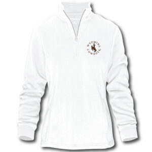 white women's 1/4 zip jacket. has zipper. design is on left chest and is a brown bucking horse with wyoming cowboys in the outline around