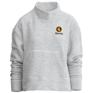 womens light grey pullover crewneck. has high neck and design left chest. design is brown circle with gold bucking horse in the middle with brown wyoming script below