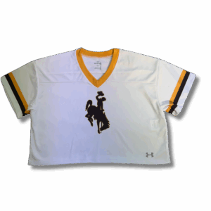 white under armour cropped jersey. has gold rim around neck. has a gold and brown strip on sleeve. brown bucking horse design centered on chest