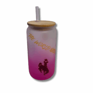 Pink frosted glass tumblers. Have a wood lid and say the world needs more cowboys across in gold and brown bucking horses scattered